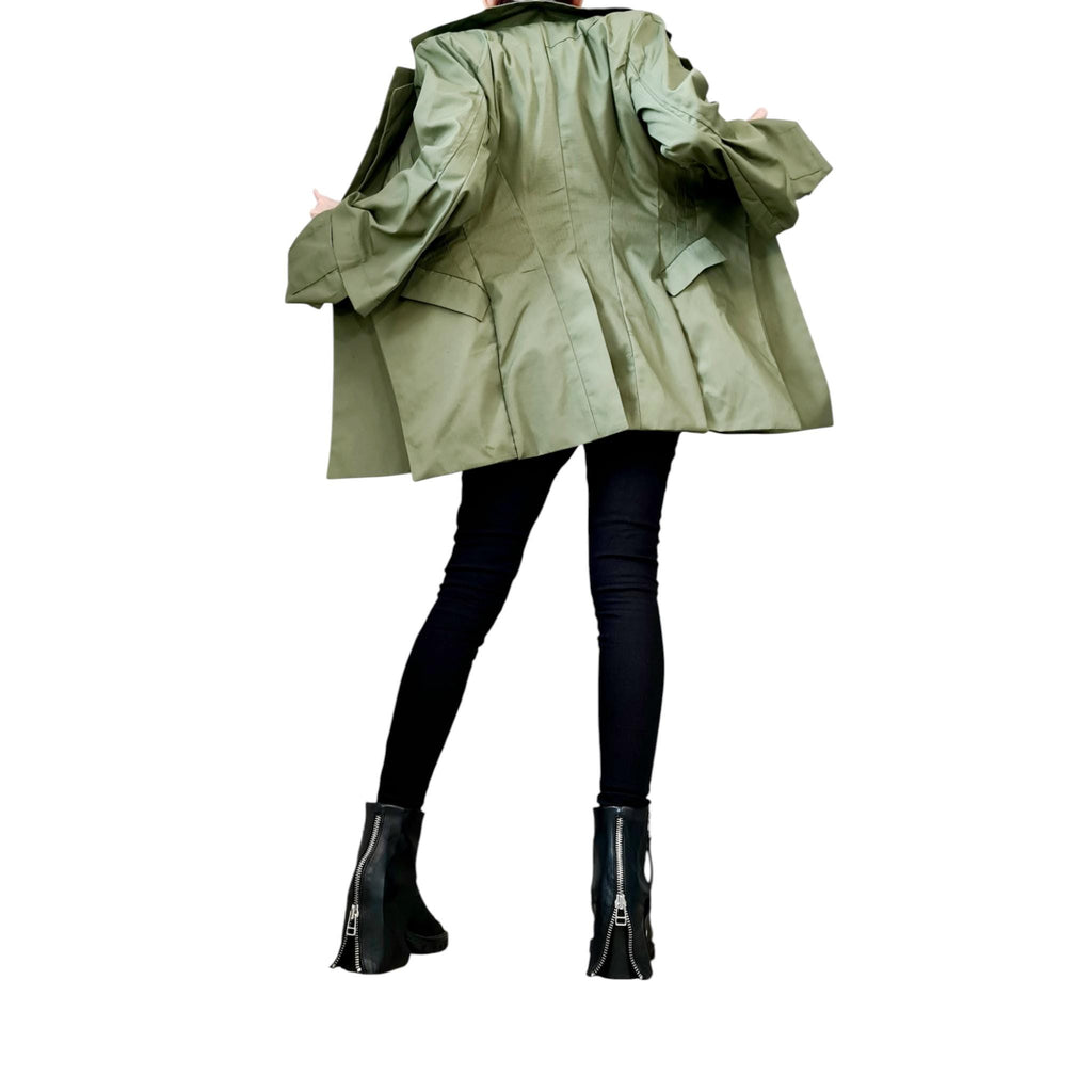 Olive Green Cotton Asymmetric Blazer, Fitted Long Jacket, Flared Sleeve Coat
