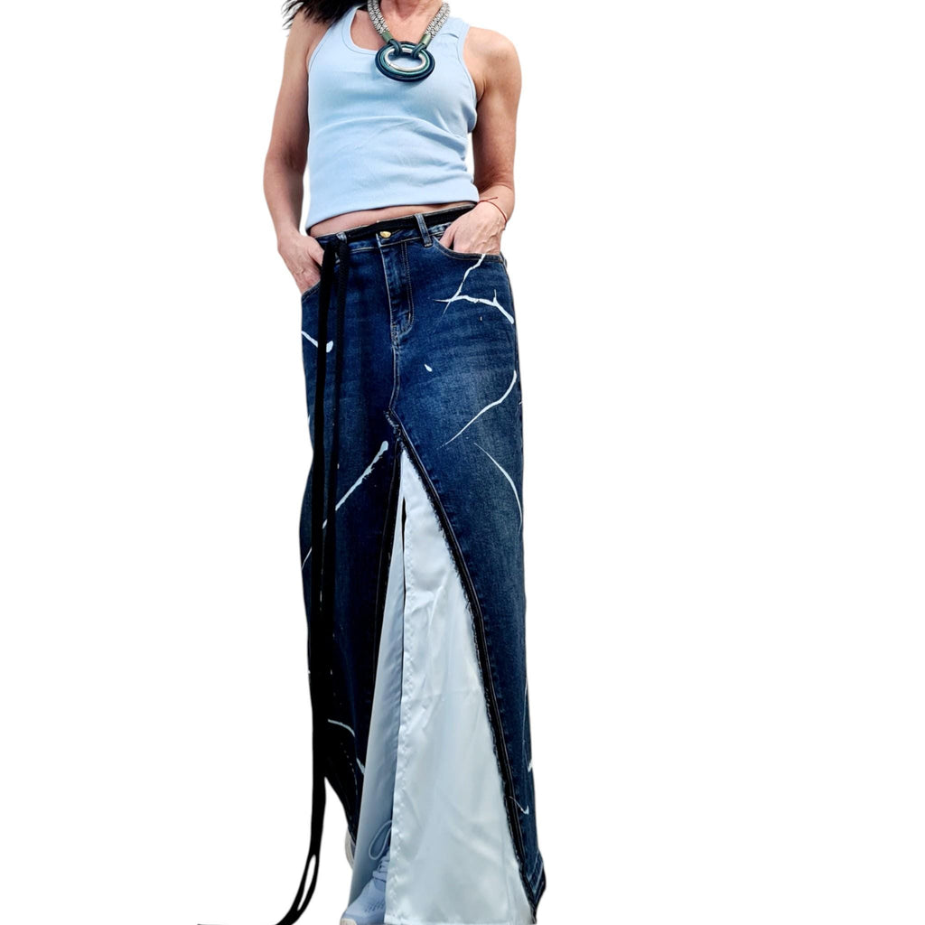 Asymmetric Denim Skirt Maxi Length Blue Satin Panel High Waist Avant Garde Clothing