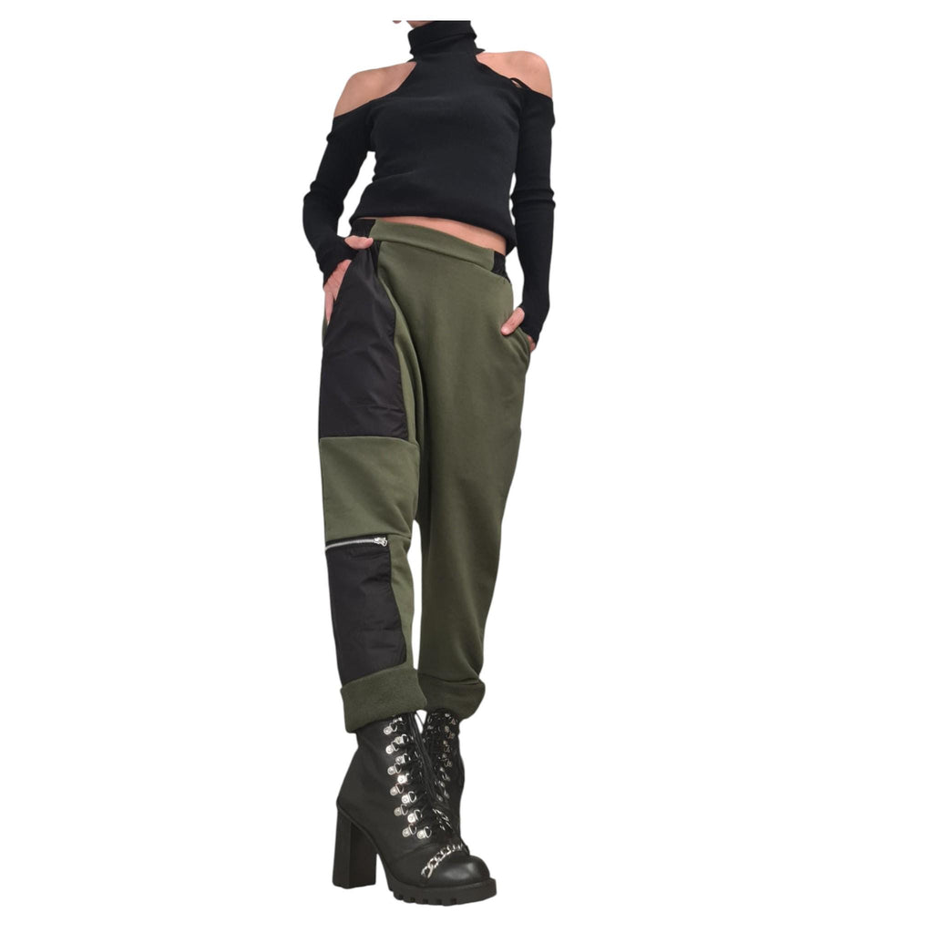 Military Green French Terry Pants, Drop Crotch Trousers, Black Contrast Panels