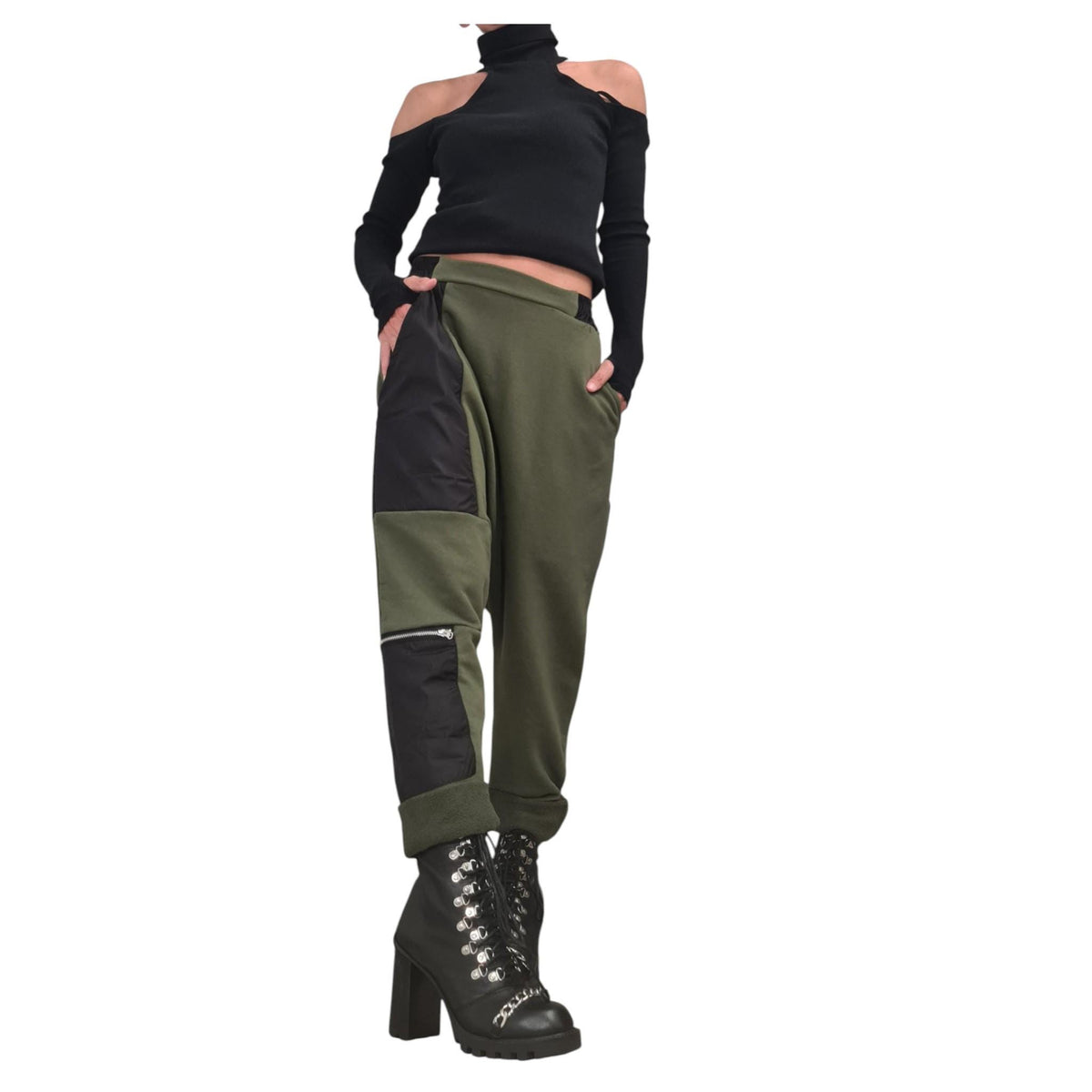 Military Green French Terry Pants, Drop Crotch Trousers, Black Contrast Panels