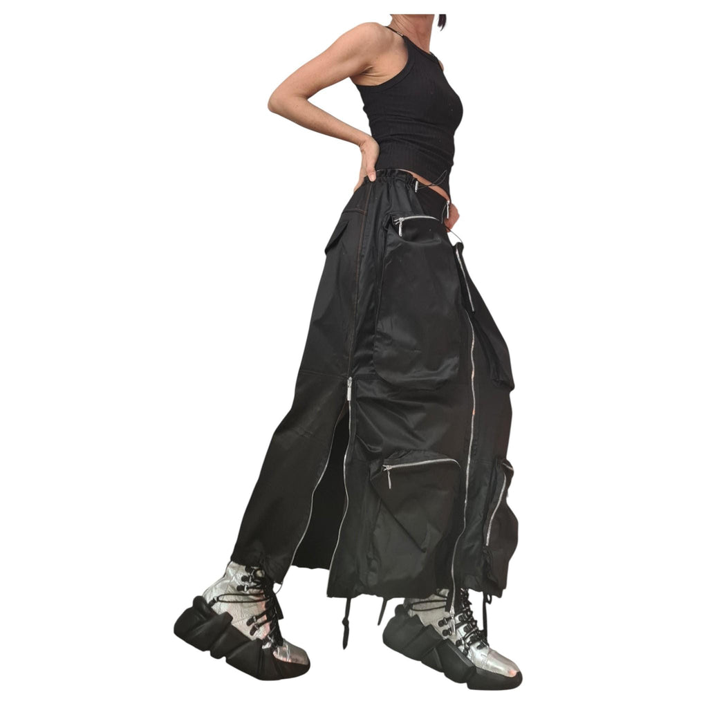 Black Cotton Satin Long Skirt | Deconstructed Cargo Pockets | Gothic Avant Garde Style