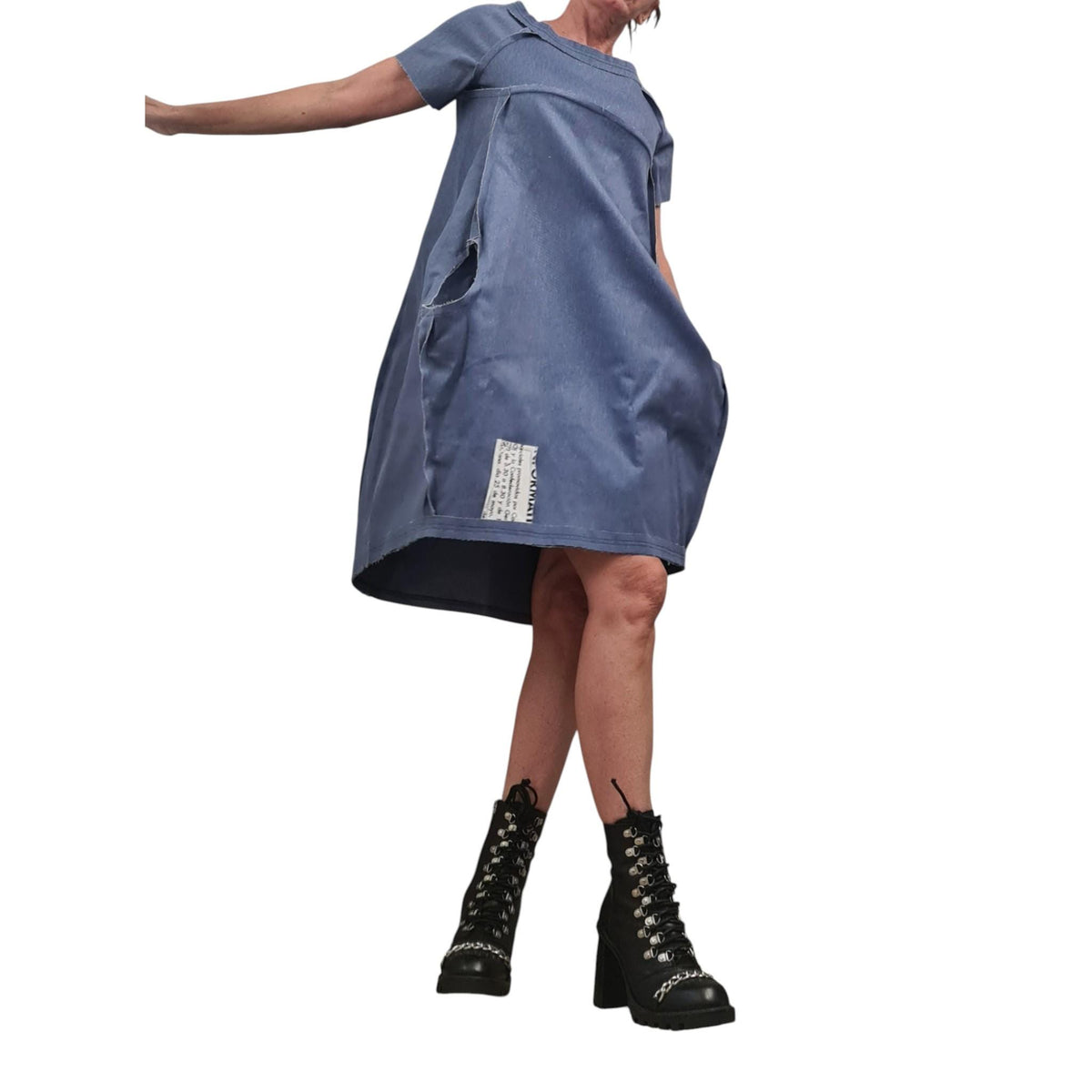 Avant Garde Denim Dress, Asymmetrical Cotton Tunic, Pockets, Extravagant Denim, Outside seams