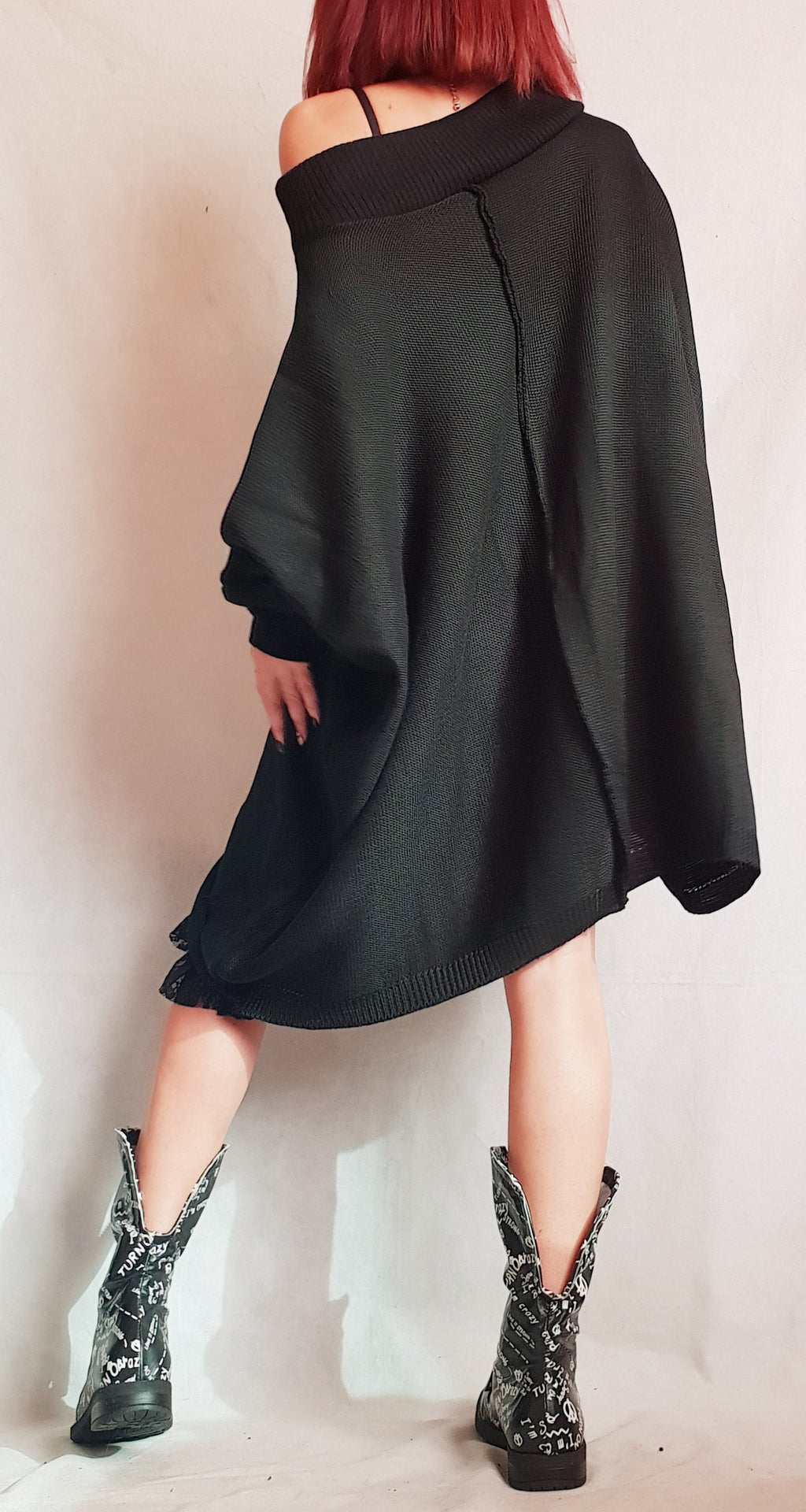 Black Asymmetrical Knitted Tunic, Oversized Long Sleeve Sweater, Plus Size Top