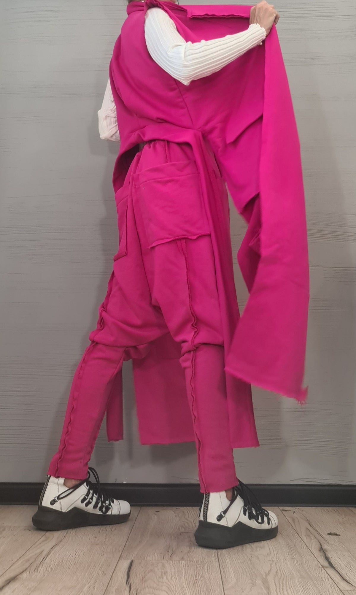 Fuchsia Cotton Co-Ord Set, Harem Pants, Asymmetrical Long Vest, Plus Size Outfit