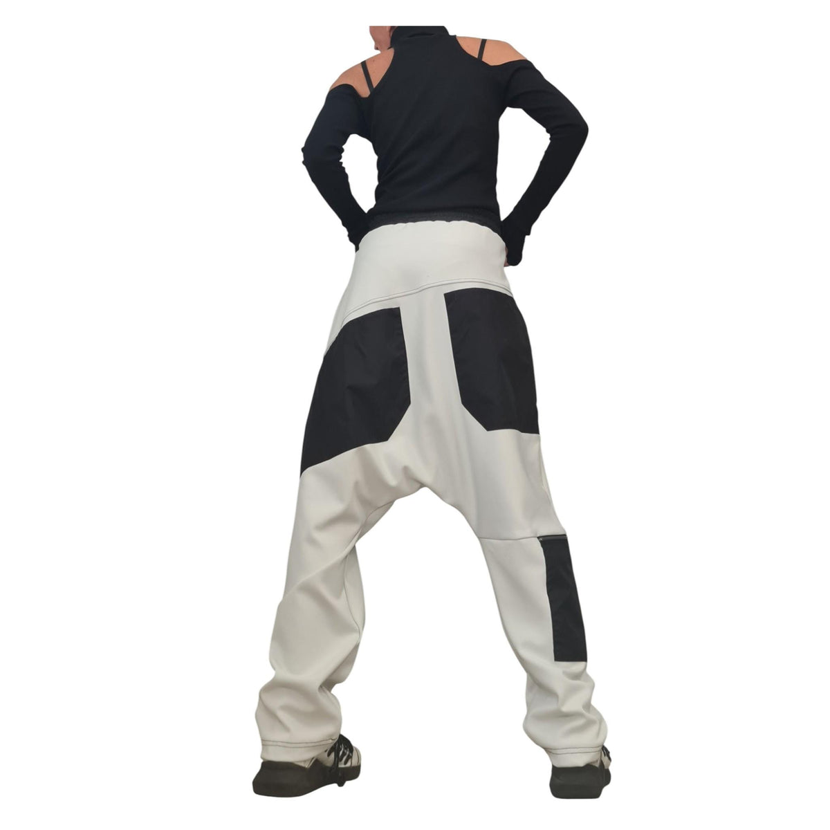 Military Green French Terry Pants, Drop Crotch Trousers, Black Contrast Panels