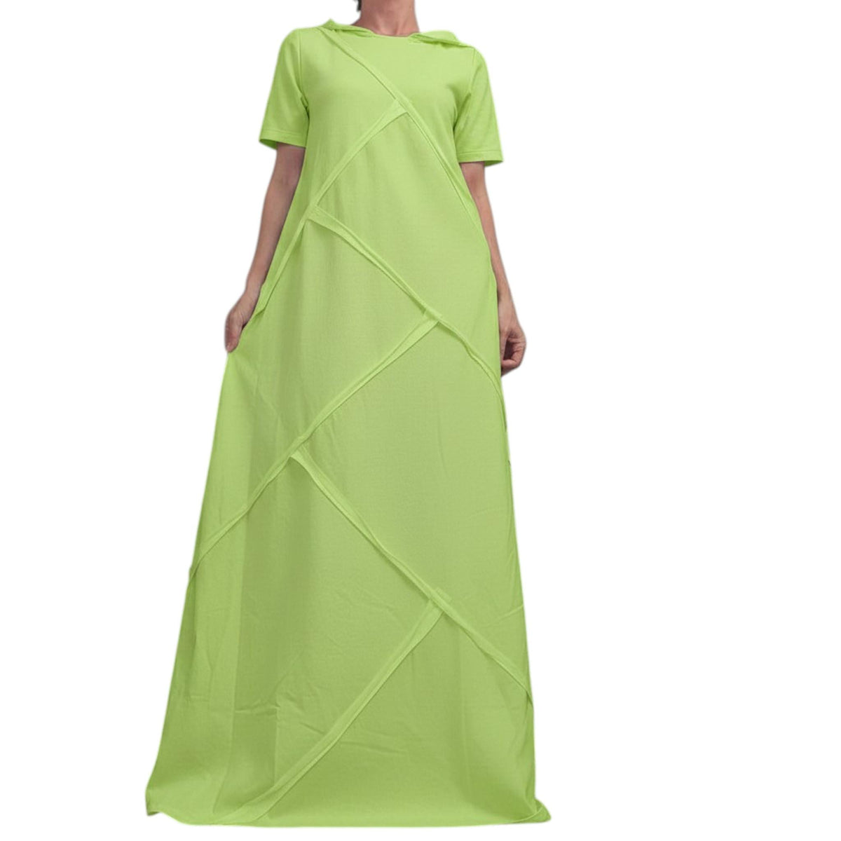 Lime Green Hooded Maxi Dress, Loose Summer Dress, Asymmetric Trim, Pockets, Short Sleeve Clothing