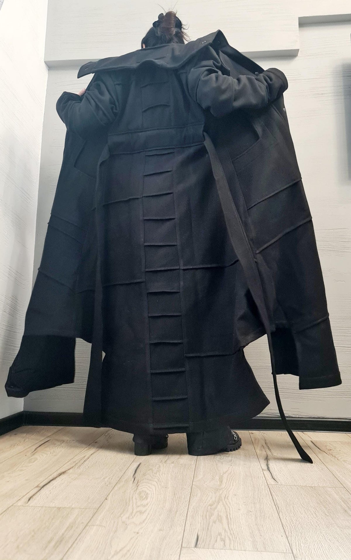 Black Hooded Asymmetric Coat, Oversized Long Winter Jacket, Wrap Belt Closure