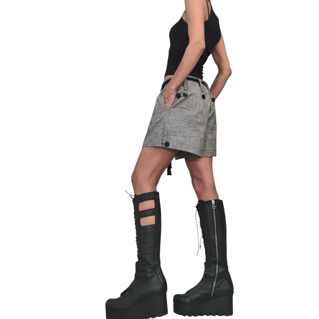 Grey Linen Wide Shorts for Women, Avant Garde Urban Loose Fit Pants