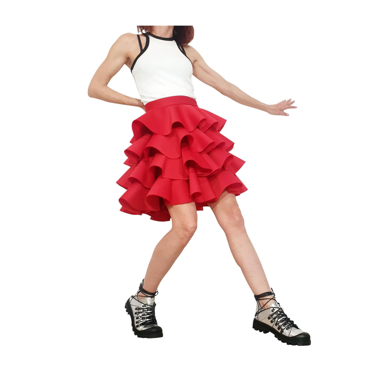 Red Neoprene Circle Skirt, Asymmetric Ruffle Ball