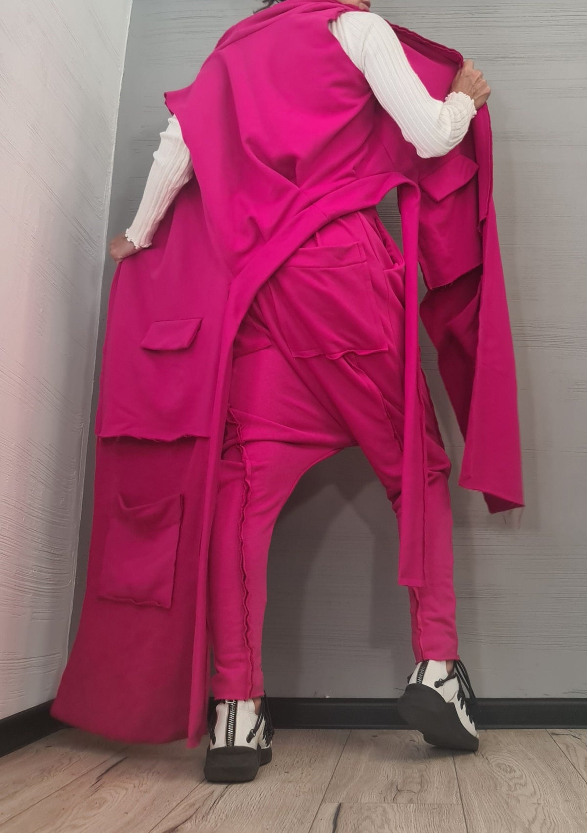 Fuchsia Cotton Co-Ord Set, Harem Pants, Asymmetrical Long Vest, Plus Size Outfit