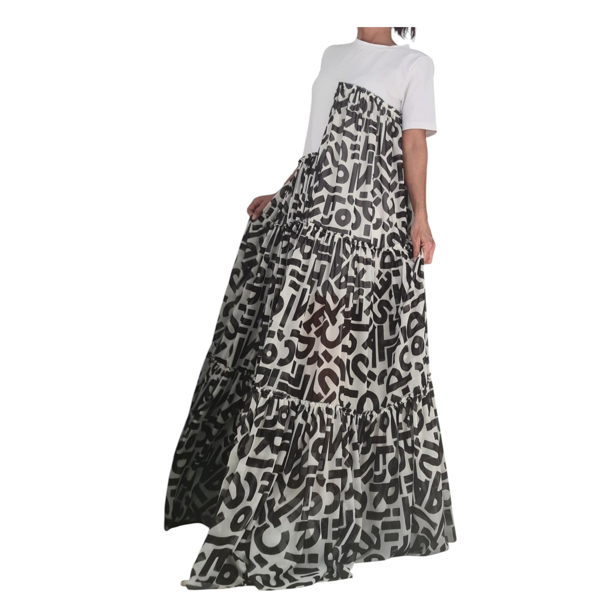 Black White Graphic Maxi Dress, Artistic Tiered T-Shirt Dress, Handmade Avant Garde Summer Clothing