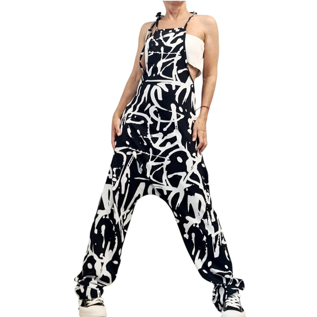Black White Graffiti Harem Jumpsuit, Loose Drop Crotch Cotton Comfort