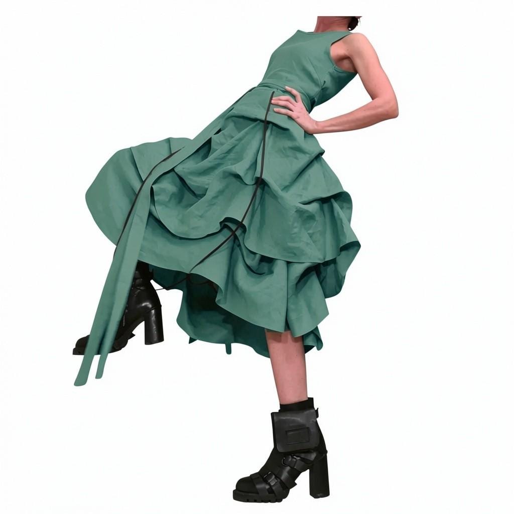 Olive Green Linen Asymmetric Midi Dress, Boho Wedding Guest Outfit