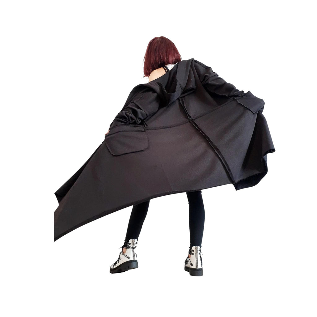 Black Asymmetric Cotton Sweatshirt, Long Hooded Oversized Jacket, Plus Size Coat, Exposed Seams