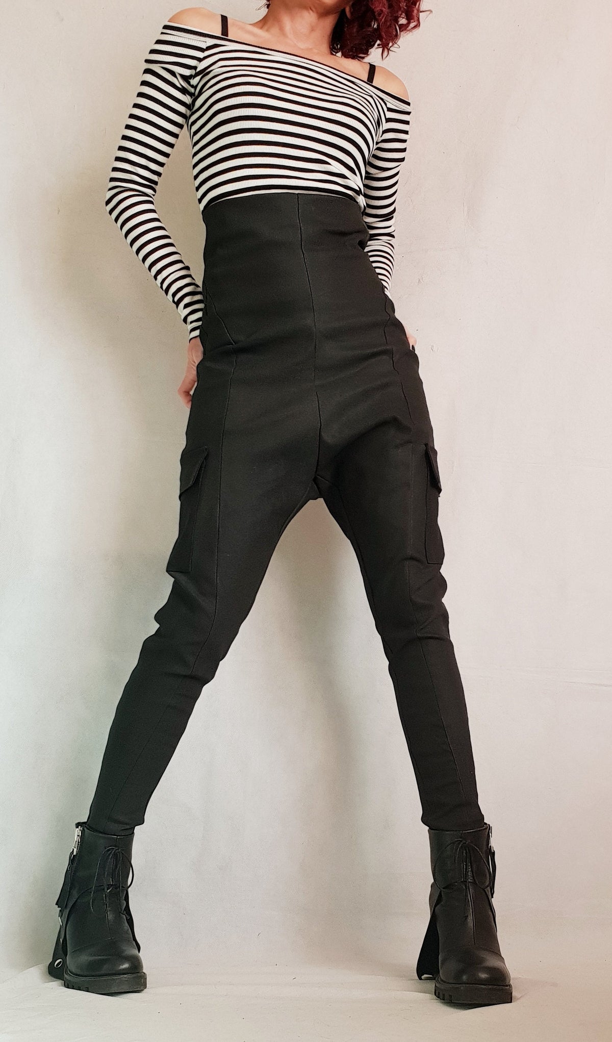 Black Cargo Leggings, High Waist, Drop Crotch, Cotton Pants