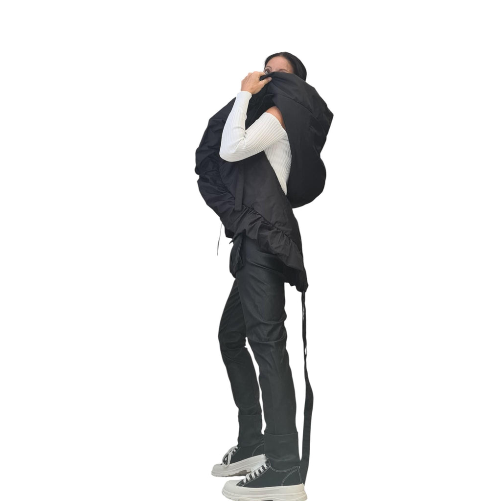 Black Oversized Puffer Vest, Sleeveless Jacket with Extra Large Hood, Asymmetrical Ruffled Hem