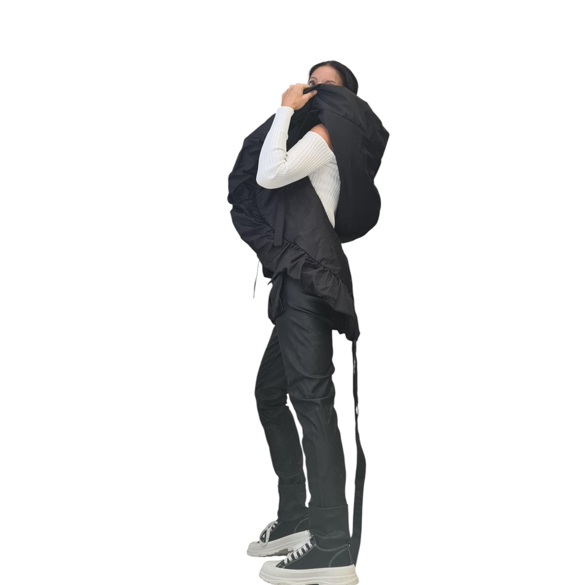 Black Oversized Puffer Vest, Sleeveless Jacket with Extra Large Hood, Asymmetrical Ruffled Hem