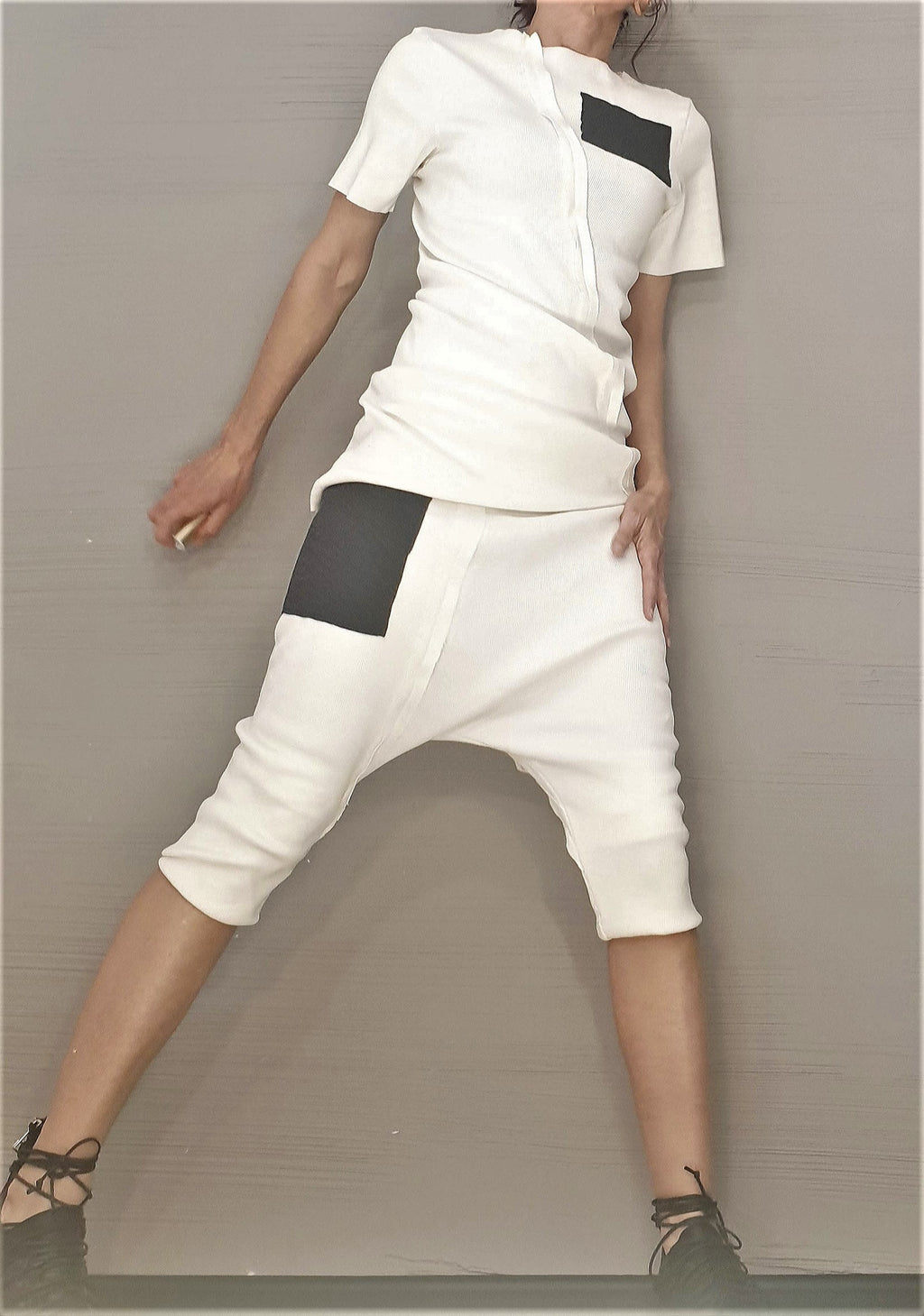 Women’s White Cotton French Terry Co-Ord Set, Asymmetrical Blouse, Cropped Harem Pants