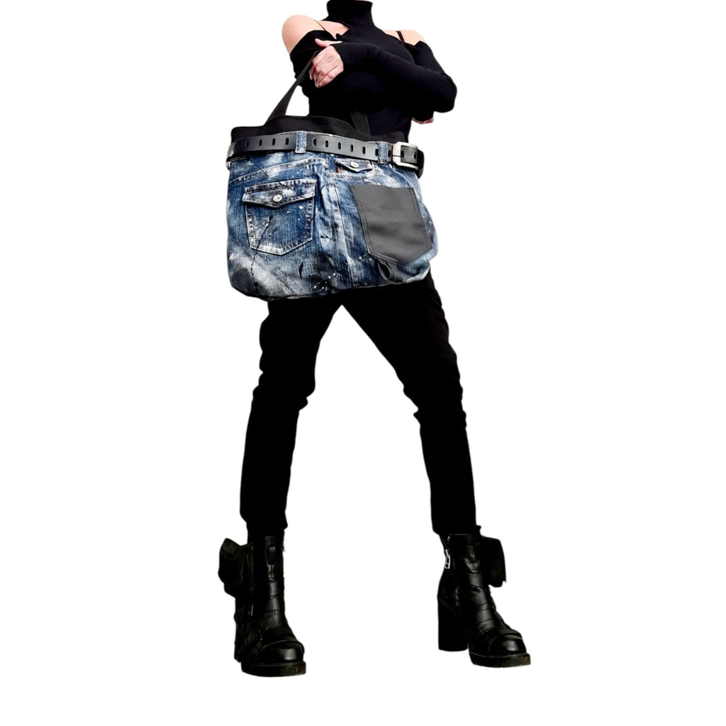 Hand-Painted Denim Tote Bag | Avant Garde Asymmetrical Designer Shoulder Bag