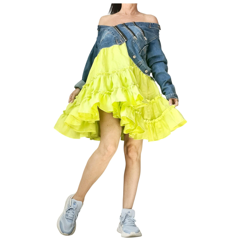 Off Shoulder Denim and Linen Dress for Women, Lime Ruffle Skirt, Asymmetric Oversize Clothing