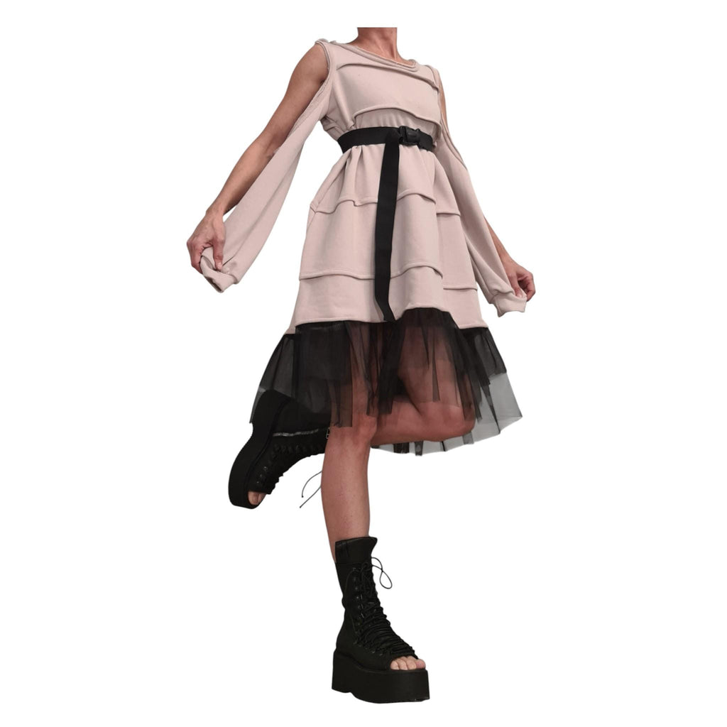 Beige Off Shoulder Dress: Asymmetrical Tulle Hem, Removable Sleeves