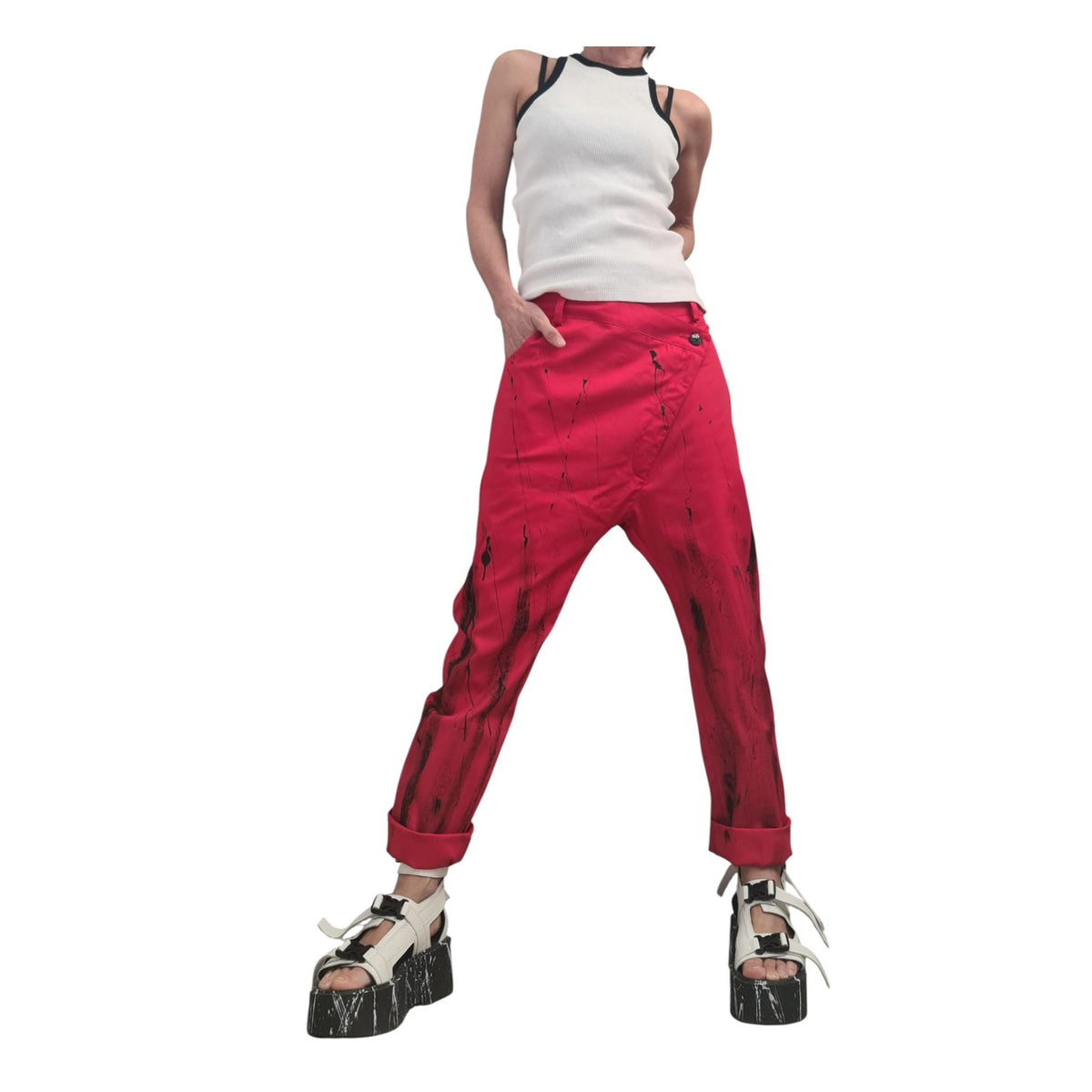 Red Drop Crotch Pants, Slim Leg, Asymmetric Button Closure, Hand Painted Cotton