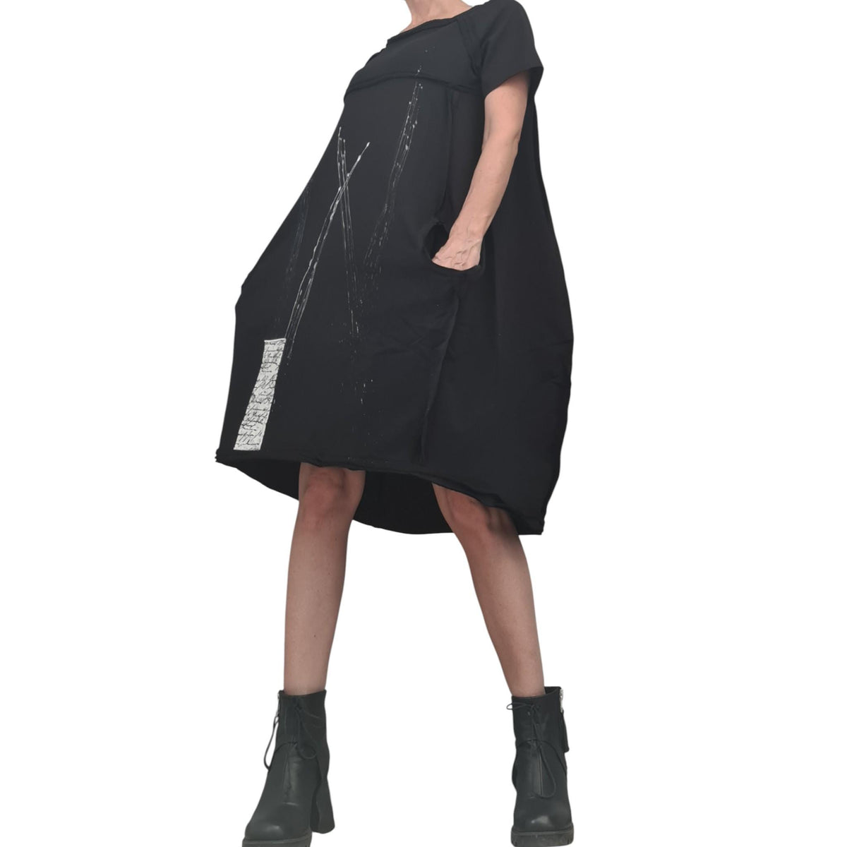 Black French Terry Short Sleeve Dress, One Shoulder Asymmetric Gothic Tunic, Oversized Fit