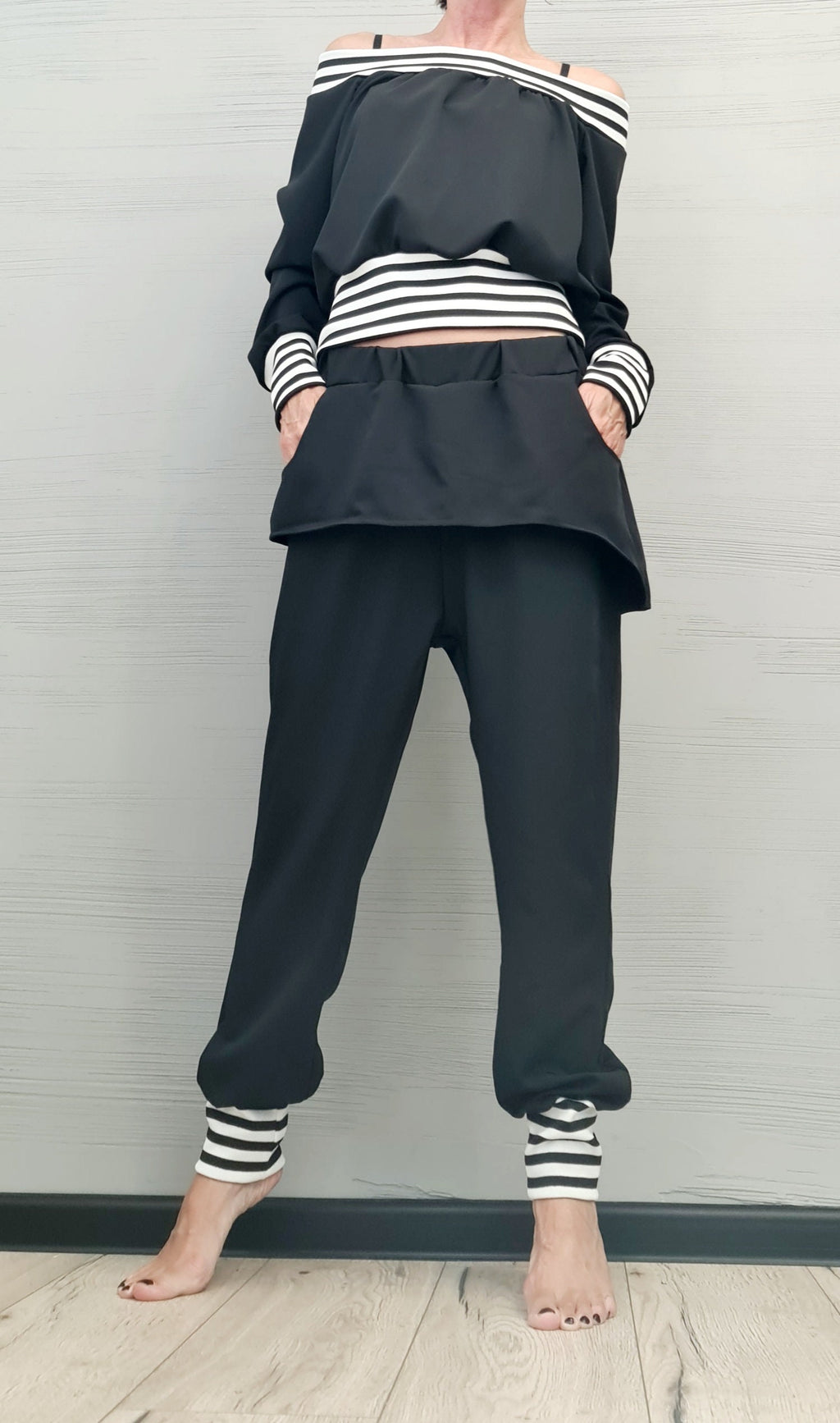 Black Tapered Harem Pants, Asymmetrical Skirt Overlay, Off Shoulder Blouse