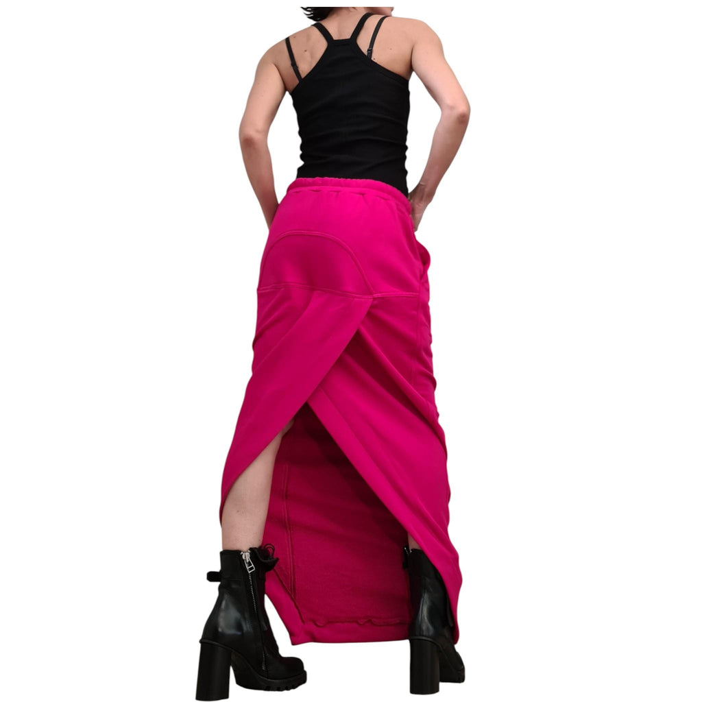 Fuchsia Cotton Asymmetrical Wrap Maxi Skirt, Cropped Hooded Blouse, Two-Piece Co-Ord Set