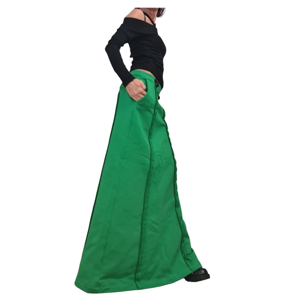 Green Long Slit Skirt, Cotton A Line Skirt, Avant Garde Style