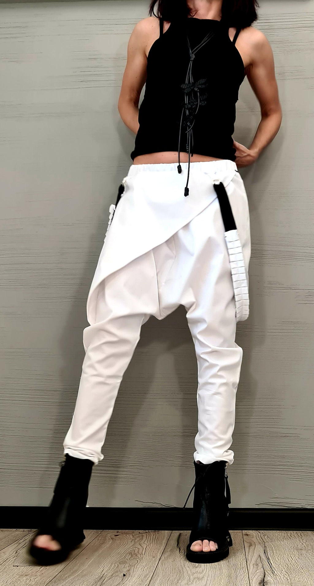 White Harem Pants, Wrap Front Design, Slim Leg, Decorative Suspenders, Wedding Outfit