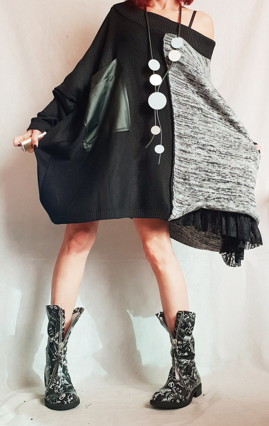 Patchwork Asymmetrical Knitted Tunic, Oversized Long Sleeve Sweater, Plus Size Top