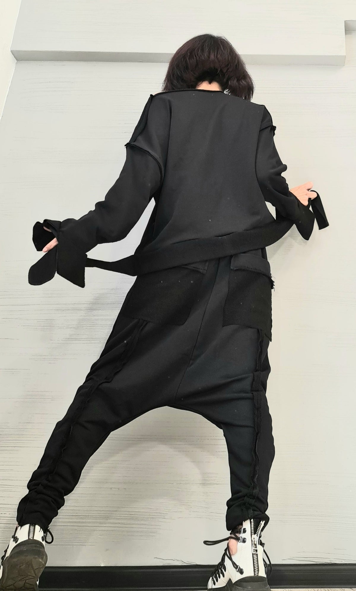 Black Cotton Drop Crotch Pants, Asymmetrical Blouse, Wide Cuffs,  Two-Piece French Terry Co-Ord Set