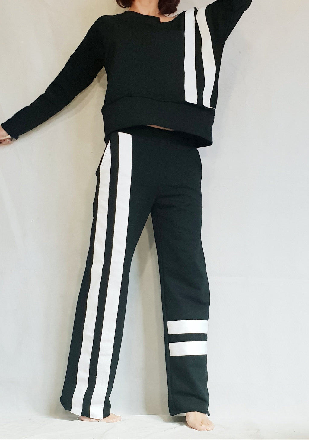 Black Cotton Blouse, White Side Stripe Pants, Casual Sportswear Co-Ord Set