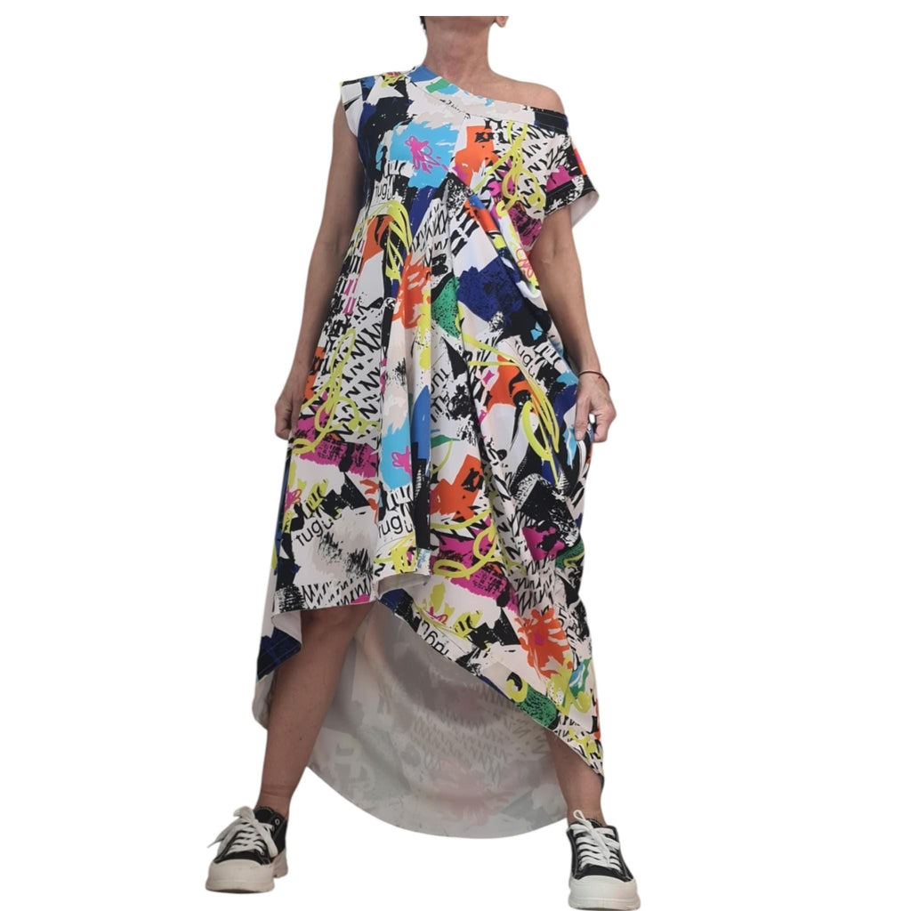 Avant Garde Graffiti Dress Women Asymmetric One Shoulder Oversized Pocket Cotton Dress