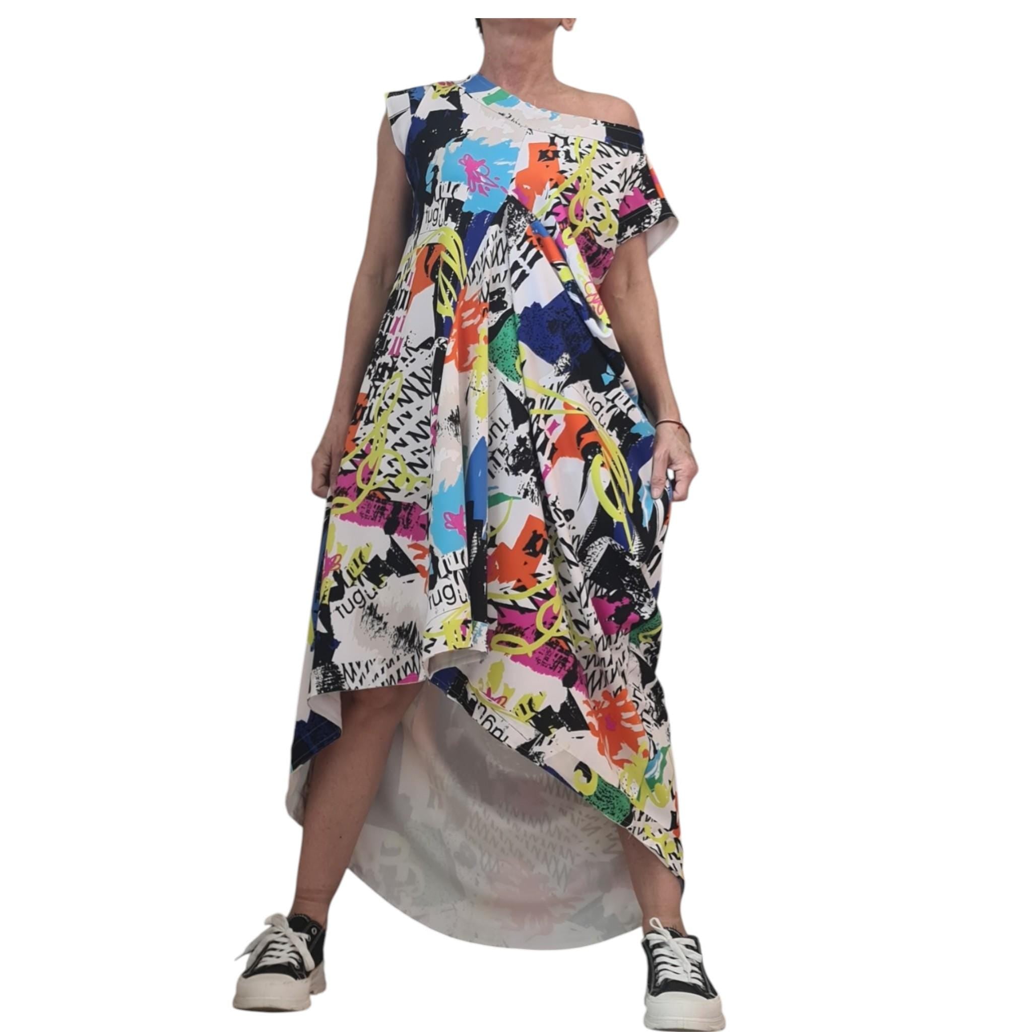 Avant Garde Graffiti Dress Women Asymmetric One Shoulder Oversized Pocket Cotton Dress