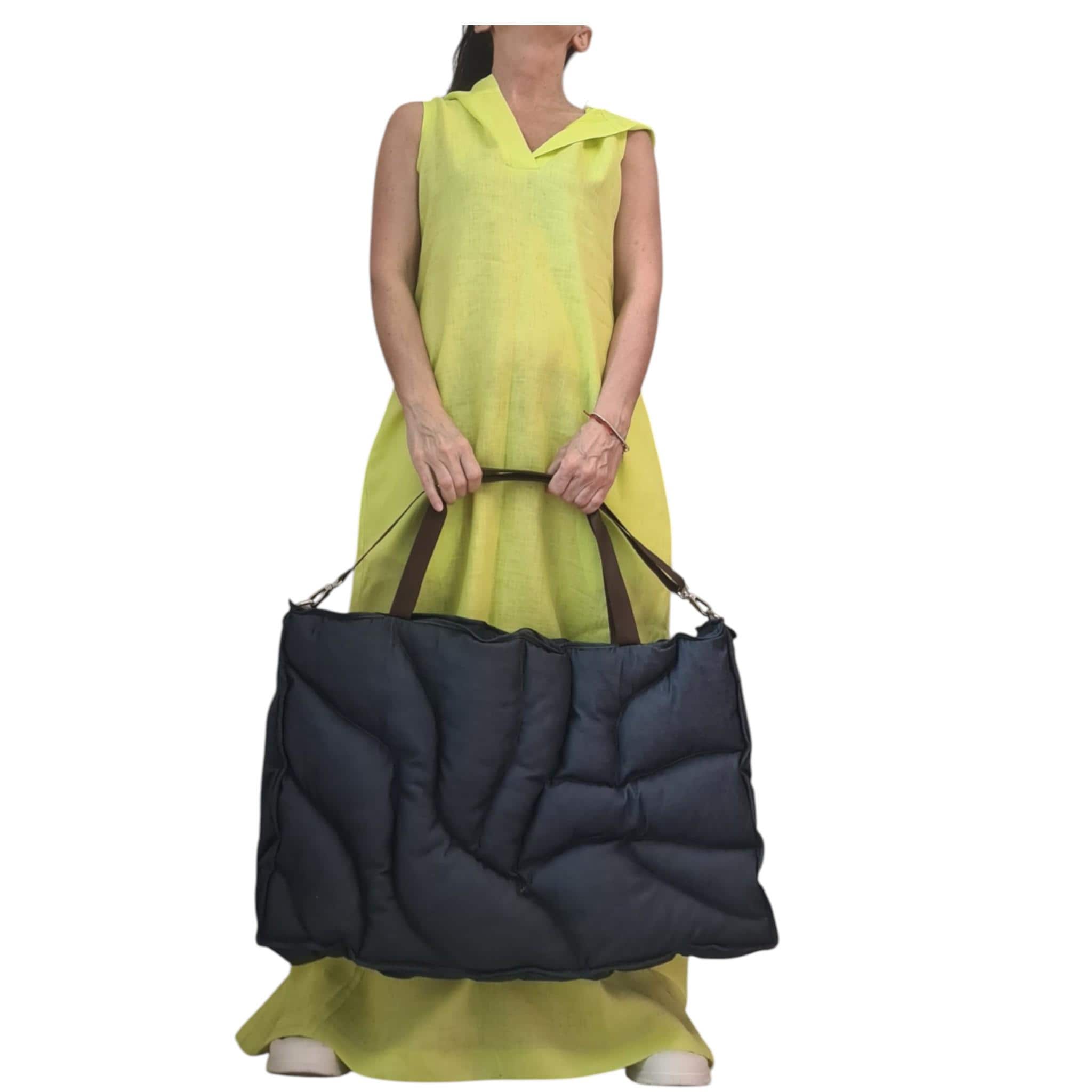 Oversized Quilted Denim Tote Bag, Large Puffer Shoulder Carryall, Puffy Hobo Shopper, Handmade Accessory