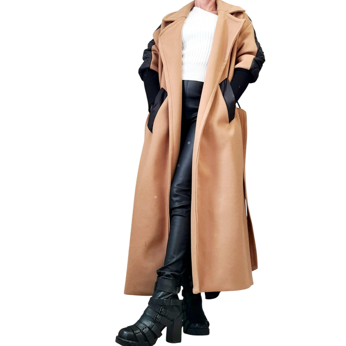 Beige and Black Asymmetrical Maxi Coat, Quilted Back Panel, Belted Long Winter Overcoat
