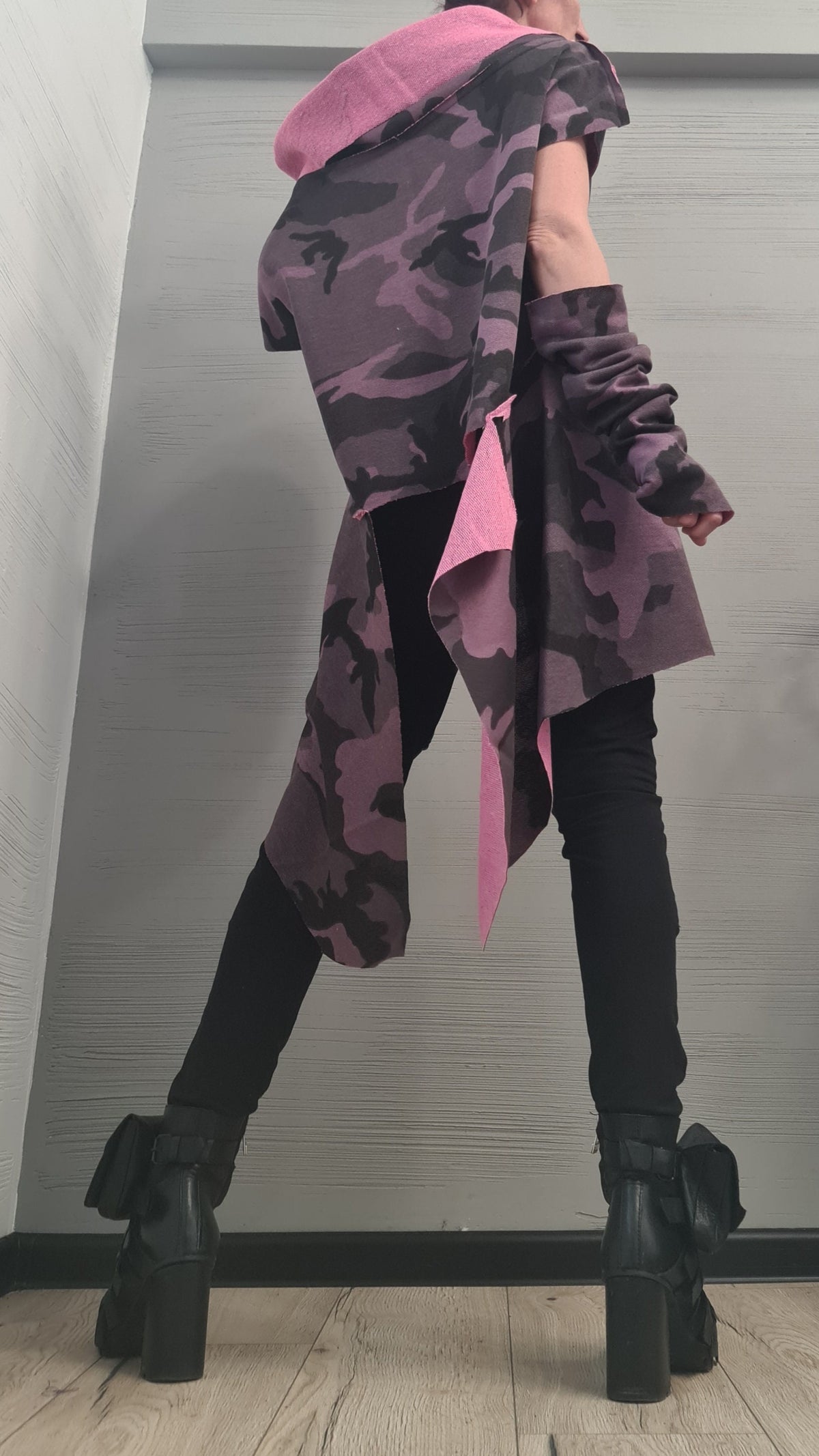 Military Purple Cotton Tunic | Asymmetric One Shoulder Design, Separate Sleeves