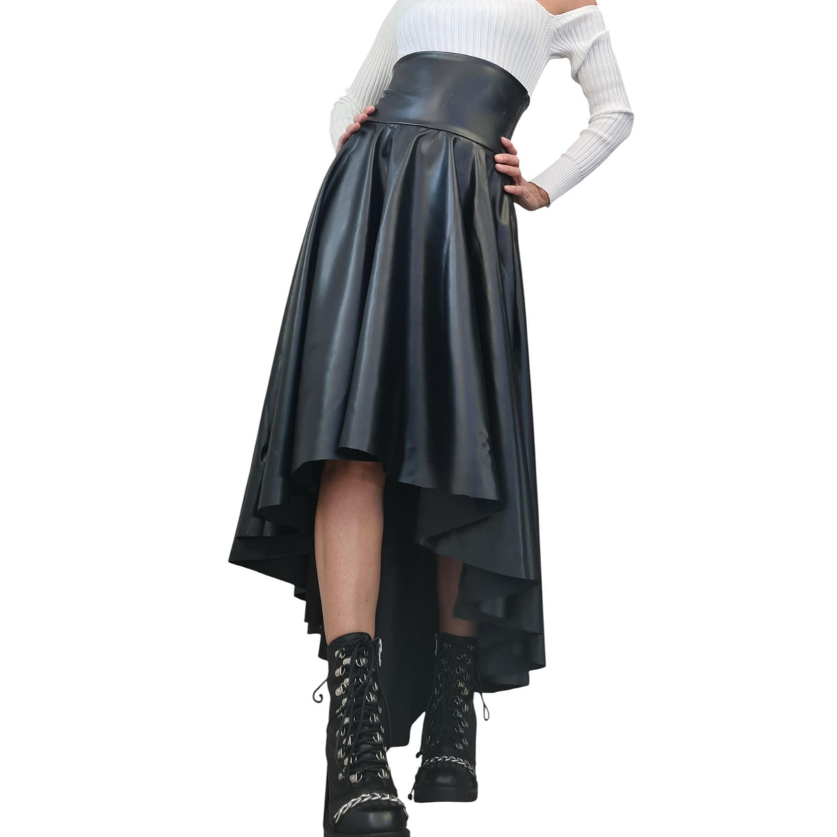 Eco Leather High Waist Asymmetric Skirt, Extravagant Black Gothic Skirt