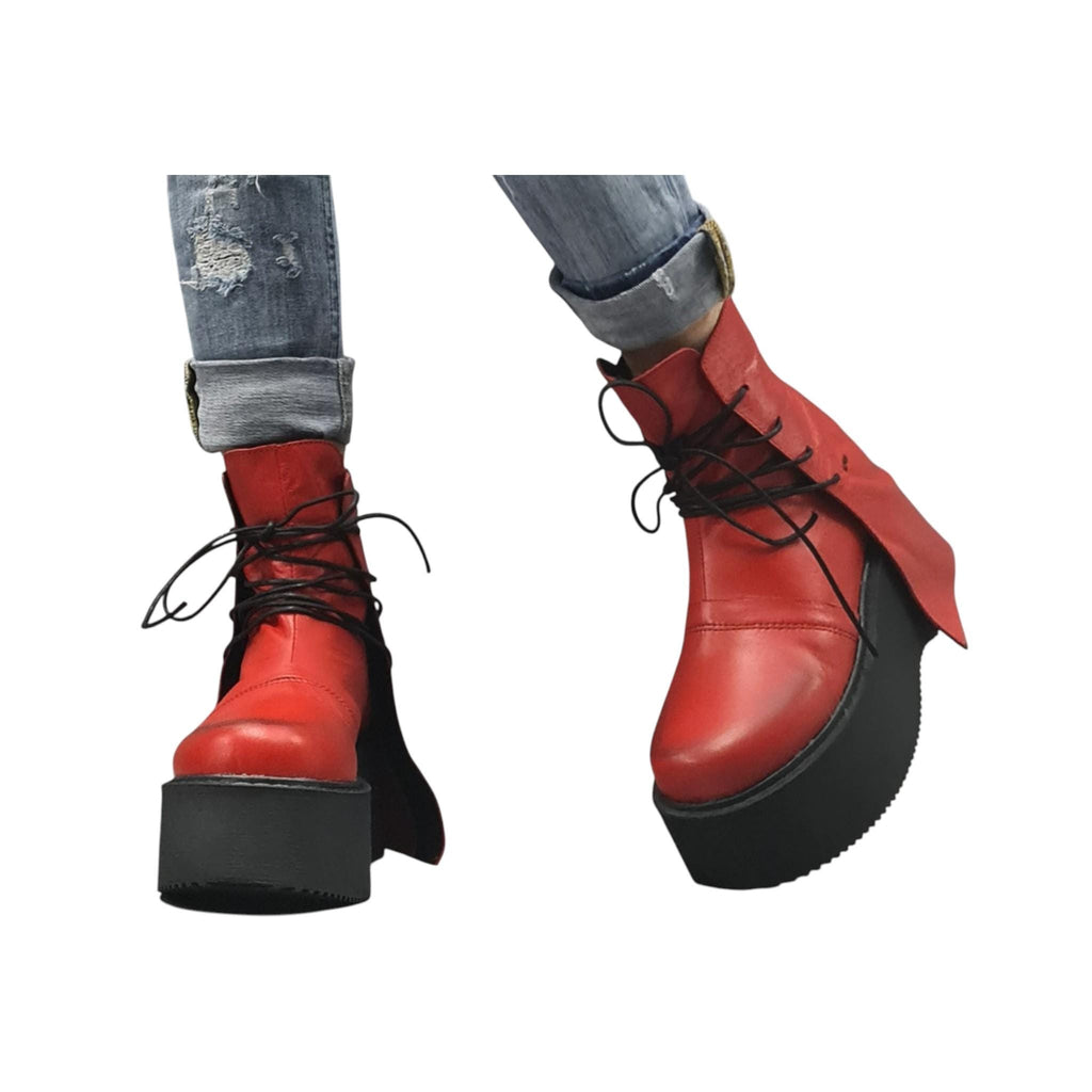 Red Leather Platform Ankle Boots with Wrap Cords, Chunky Sole Shoes, Handmade Footwear