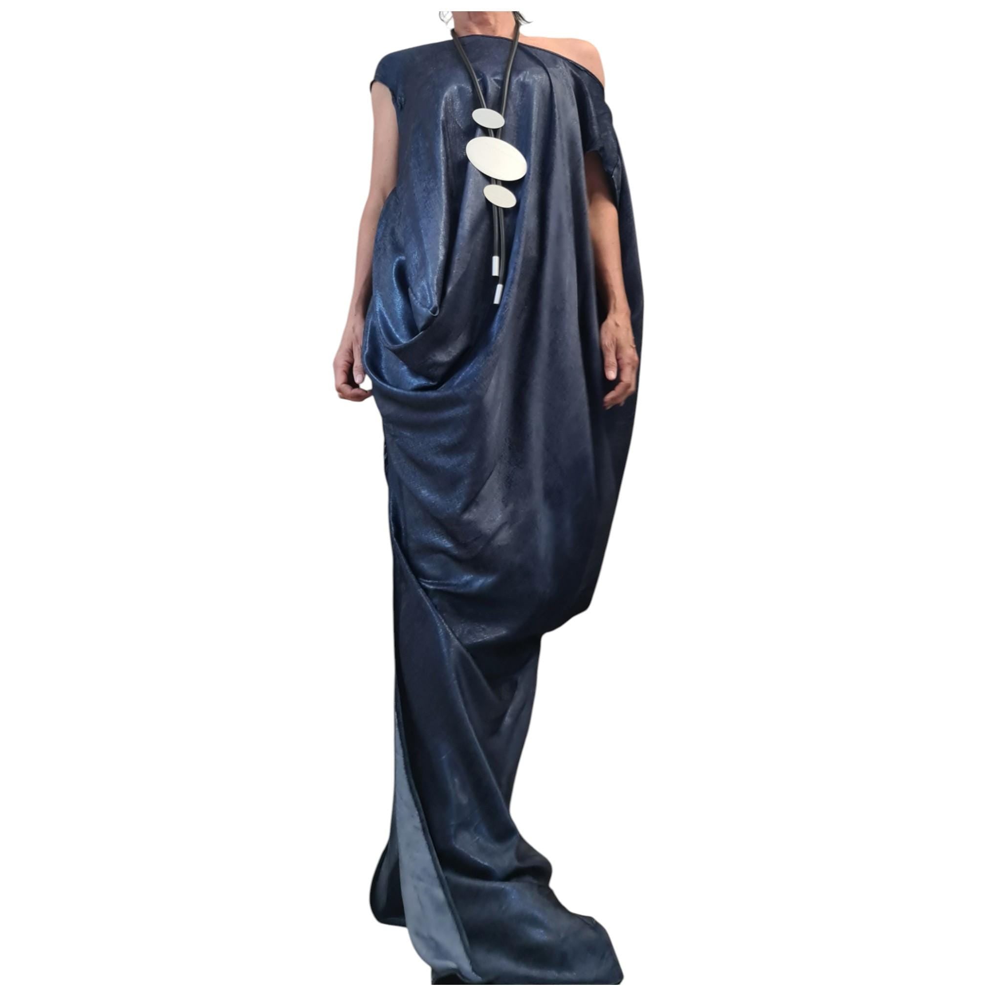 Denim Extravagant Long Dress, Shiny denim Avant Garde Dress, One Shoulder Dress, Drape Dress, Loose Dress, without sleeve