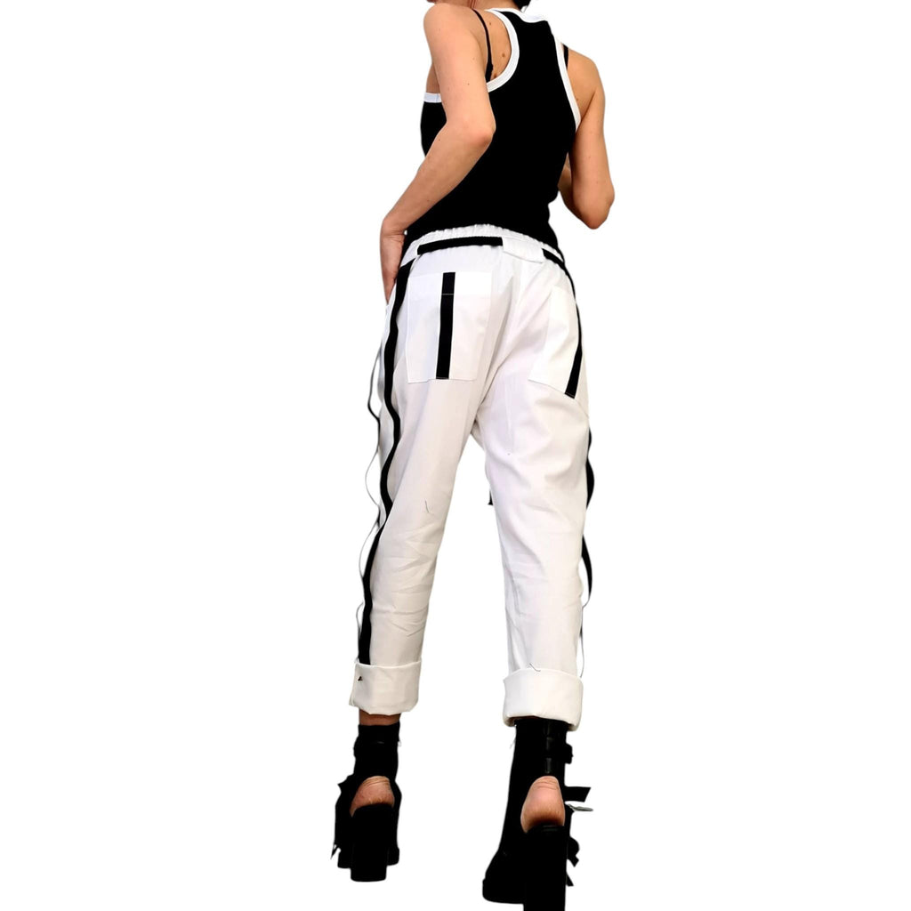 White Cotton Tapered Pants, Double Side Stripes, Drop Crotch