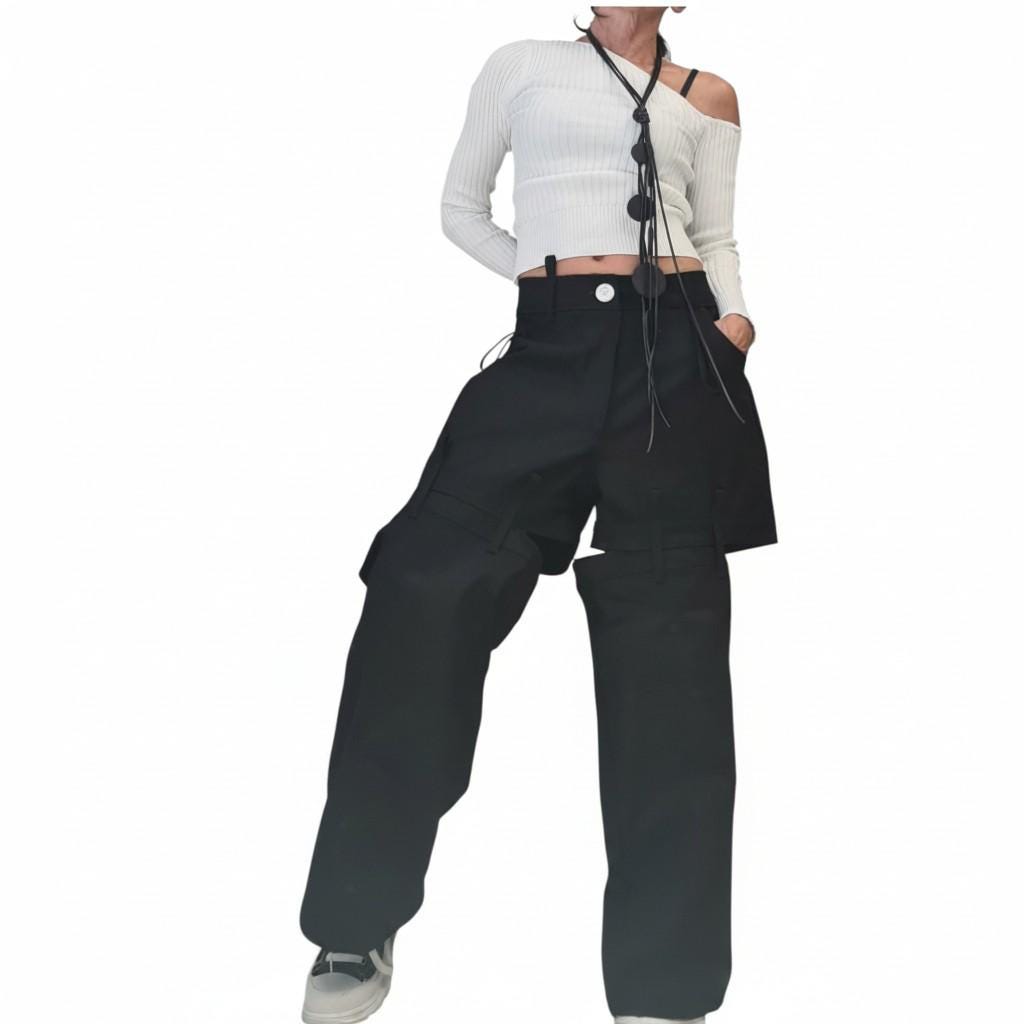Black Denim Trousers, Deconstructed Wide Leg Jeans, Oversized Women Clothing