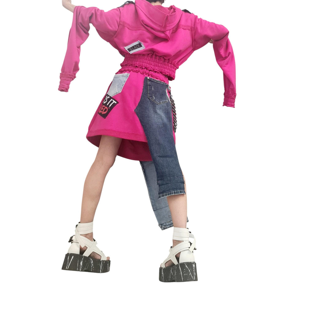 Handmade Fuchsia Cotton Denim Skirt Set, Asymmetrical Hooded Sweatshirt, Midi Skirt
