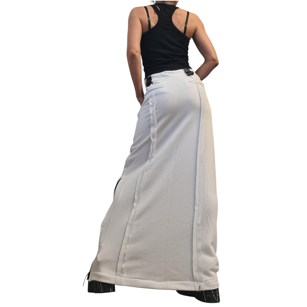 White Maxi Cotton Skirt for Women, Outer Seam, Black Ziperr Detail
