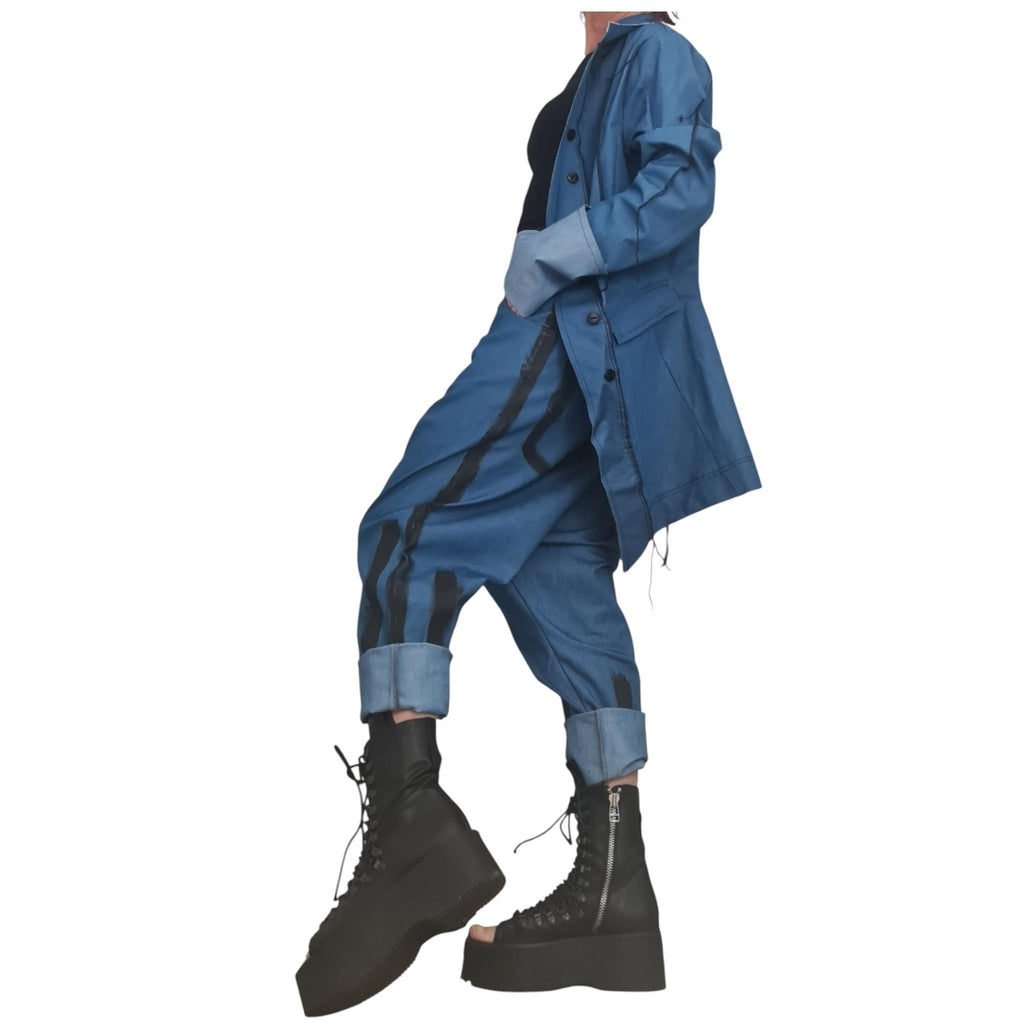New collection Extravagant Denim Women Costume, Asymmetric Avant Garde Blazer, Women Harem Pants, Deconstructed Futuristic Clothing