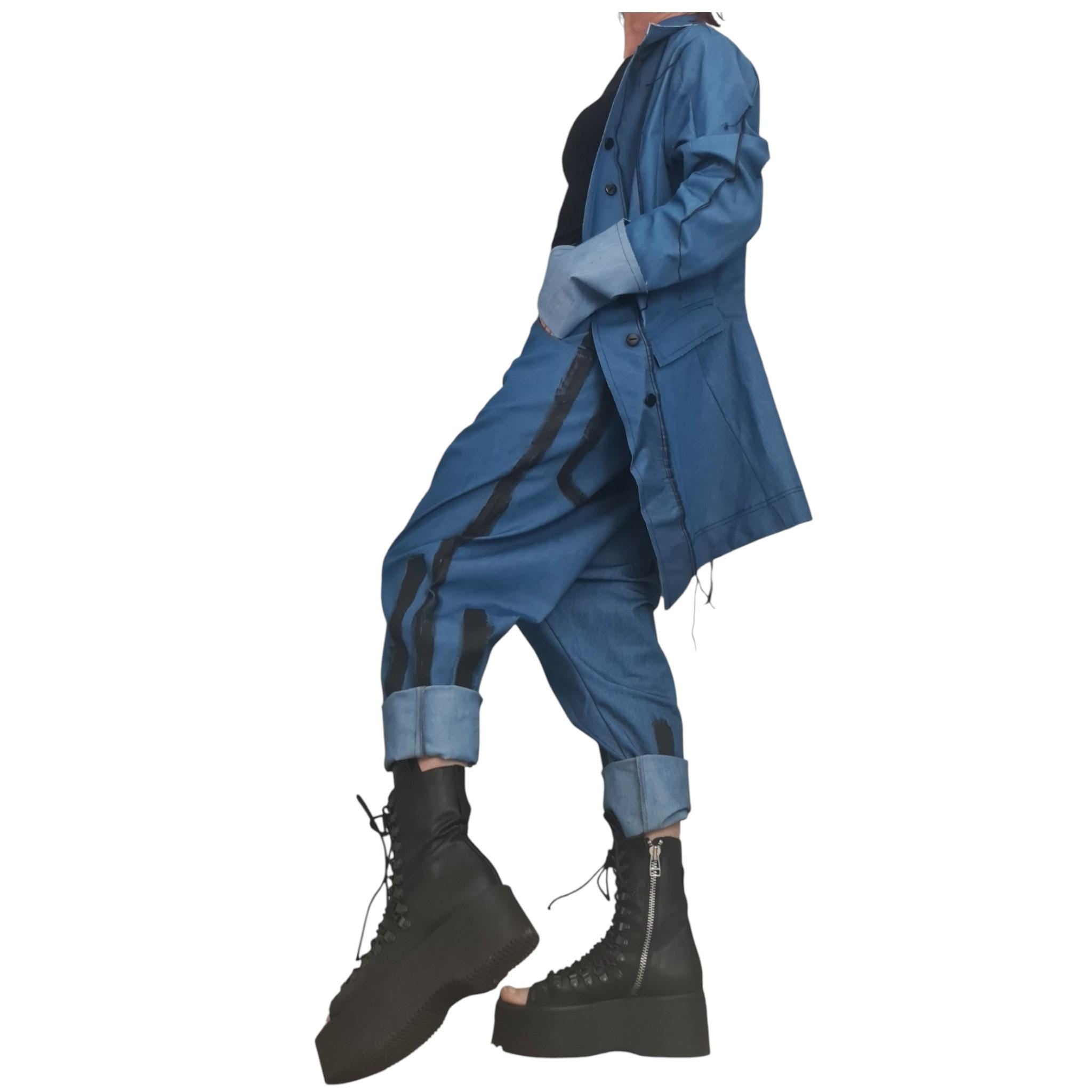 New collection Extravagant Denim Women Costume, Asymmetric Avant Garde Blazer, Women Harem Pants, Deconstructed Futuristic Clothing