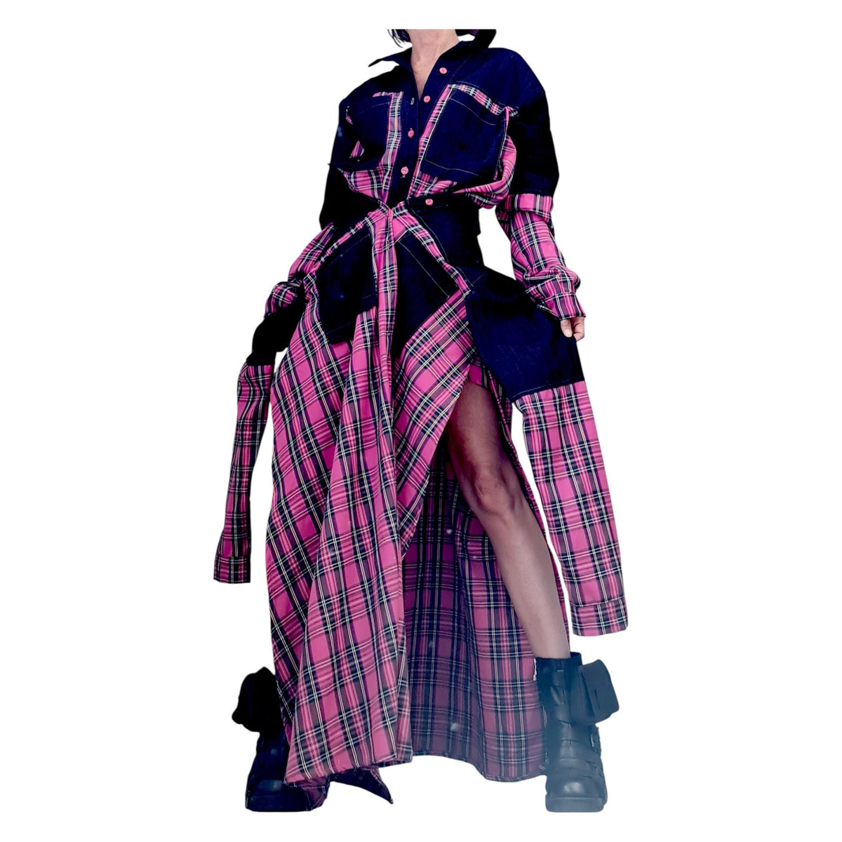 Pink Plaid Deconstructed Shirt Dress for Women, Asymmetric Layered Tunic, Avant Garde Oversize Shirt