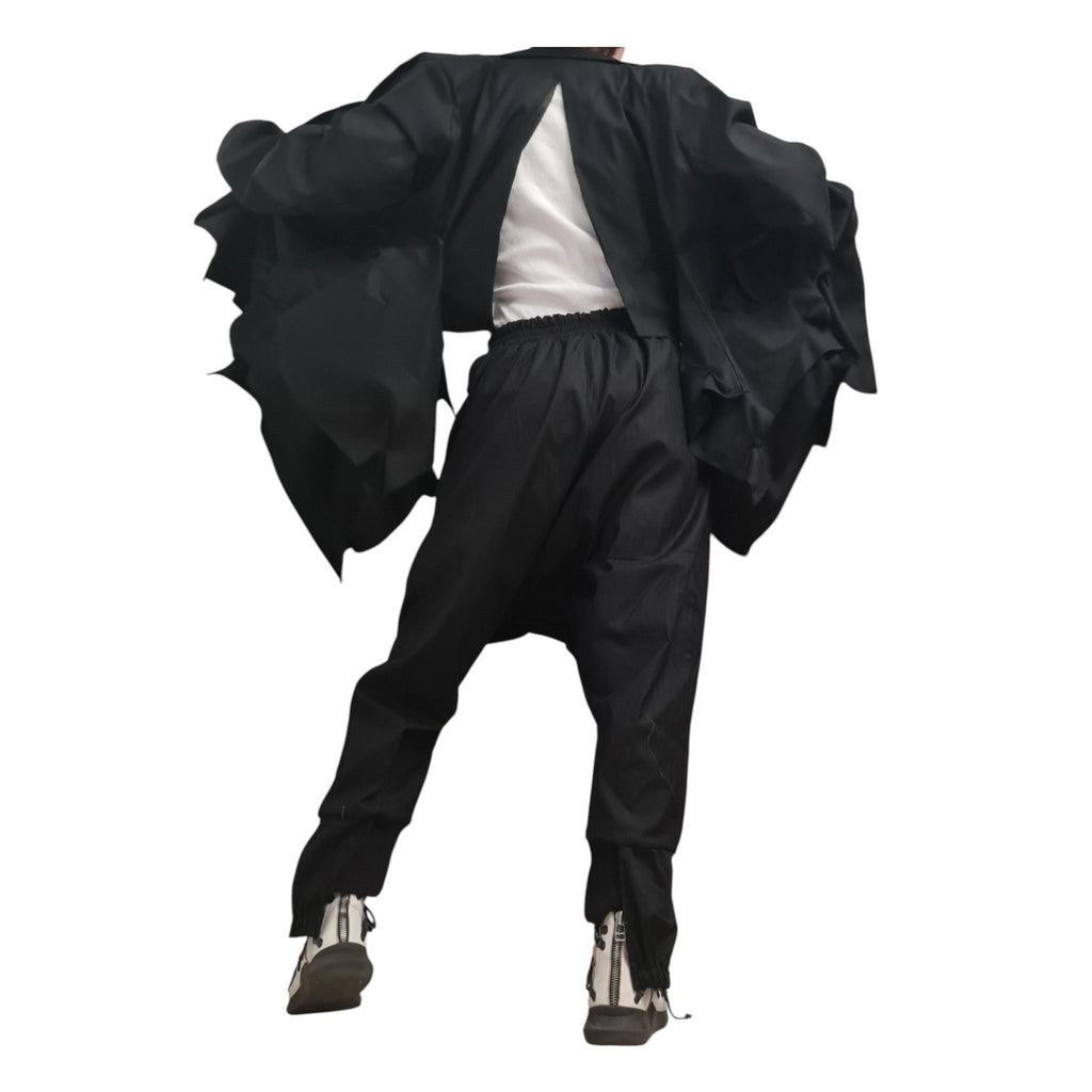 Linen Avant Garde Jacket and Harem Pants Set, Asymmetric Open Back Women's Wear